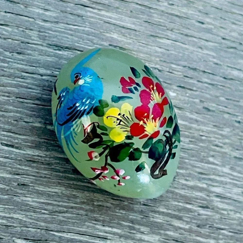 Hand Painted Floral Bluejay Bird Jade Egg